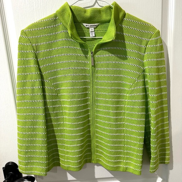 St. John Green Knit Stripe Cardigan Zip Jacket